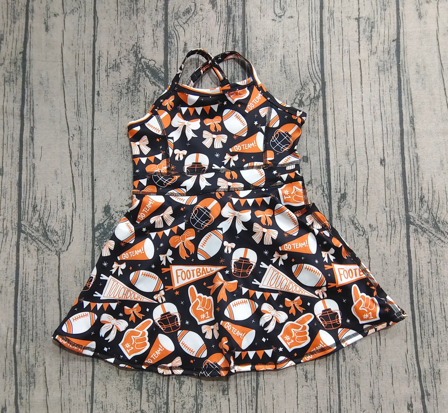 GSD2777 Baby Girls Strap Bows Footballs Plaid Shorts Team Yoga Active Knee Length Dresses D 828