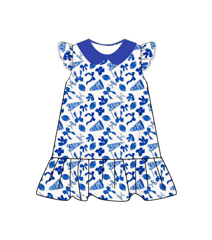 GSD2782 Baby Girls Blue Flutter Sleeves Cheer Bows Plaid Team Knee Length Dresses D 904