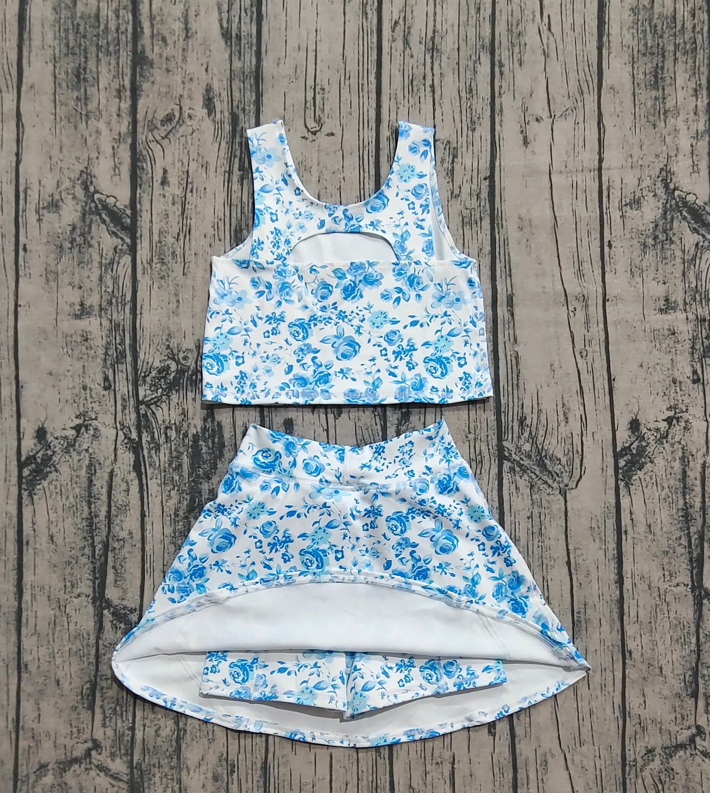presale GSD2787 Baby Girls Summer Blue Flowers Top Skirts Active Wear Yoga Clothes Sets D 7.19
