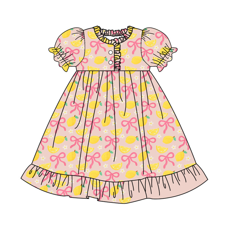 presale GSD2812 Baby Girls Bows Lemons Flowers Button Ruffle Knee Length Dresses D 917