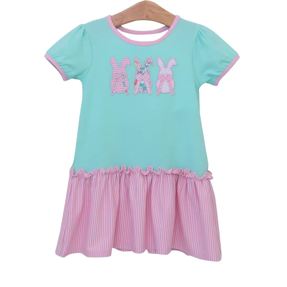 presale GSD2827 Baby Girls Aqua Easter Rabbits Knee Length Dresses D 923