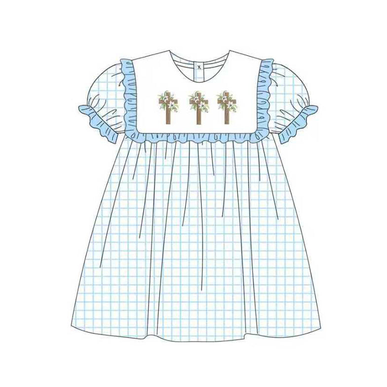 presale GSD2851 Baby Girls Blue Checked Crosses Easter Knee Length Dresses D 930