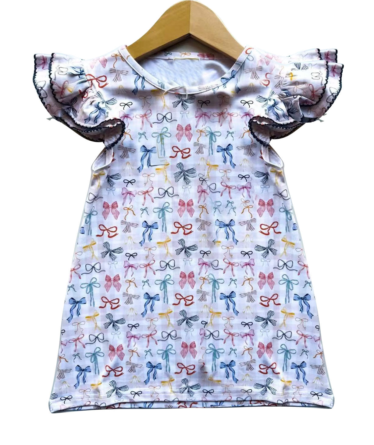 presale GSD2882 Baby Girls Flutter Sleeve Colorful Bows Plaid Knee Length Dresses D 1006