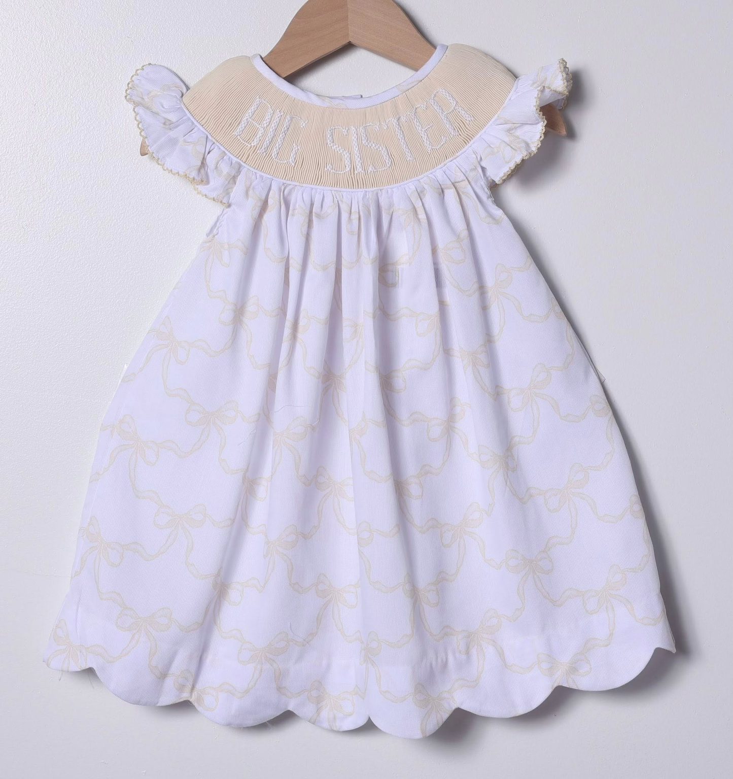 presale GSD2894 Baby Girls Flutter Sleeve Big Sister Bows Checked Knee Length Dresses D 1010