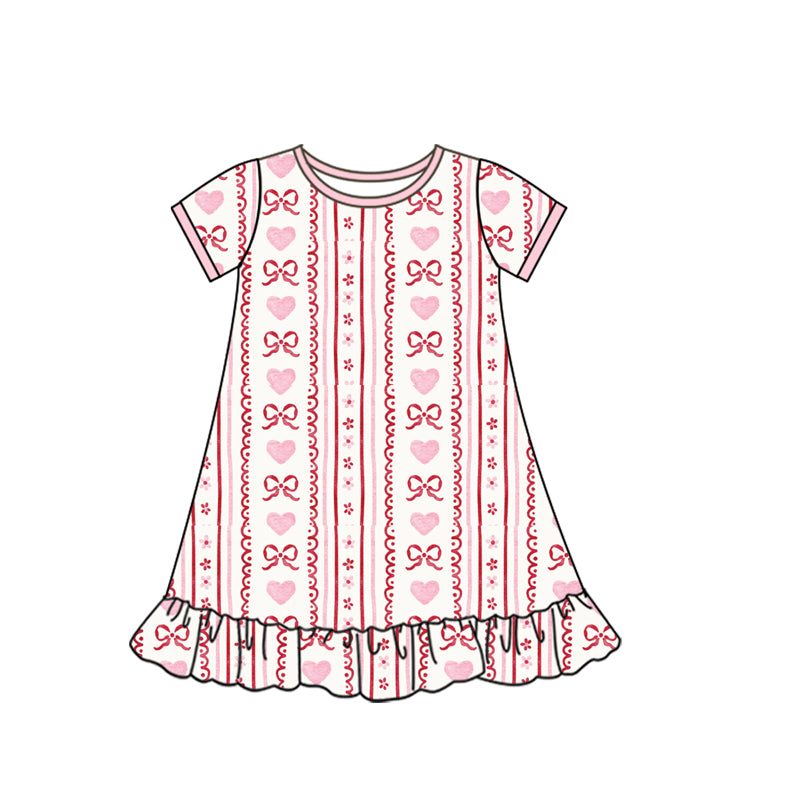 presale GSD2898 Baby Girls Pink Bows Hearst Stripe Valentine Ruffle Knee Length Dresses D 1010