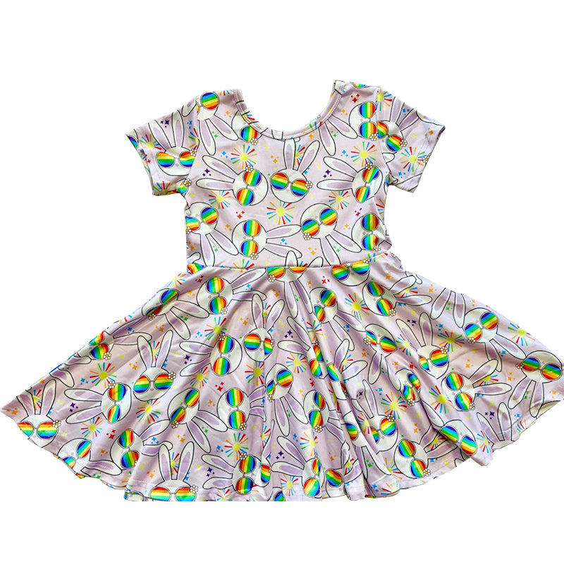 presale GSD2905 Baby Girls Short Sleeve Rabbits Stars Easter Knee Length Dresses D 1010