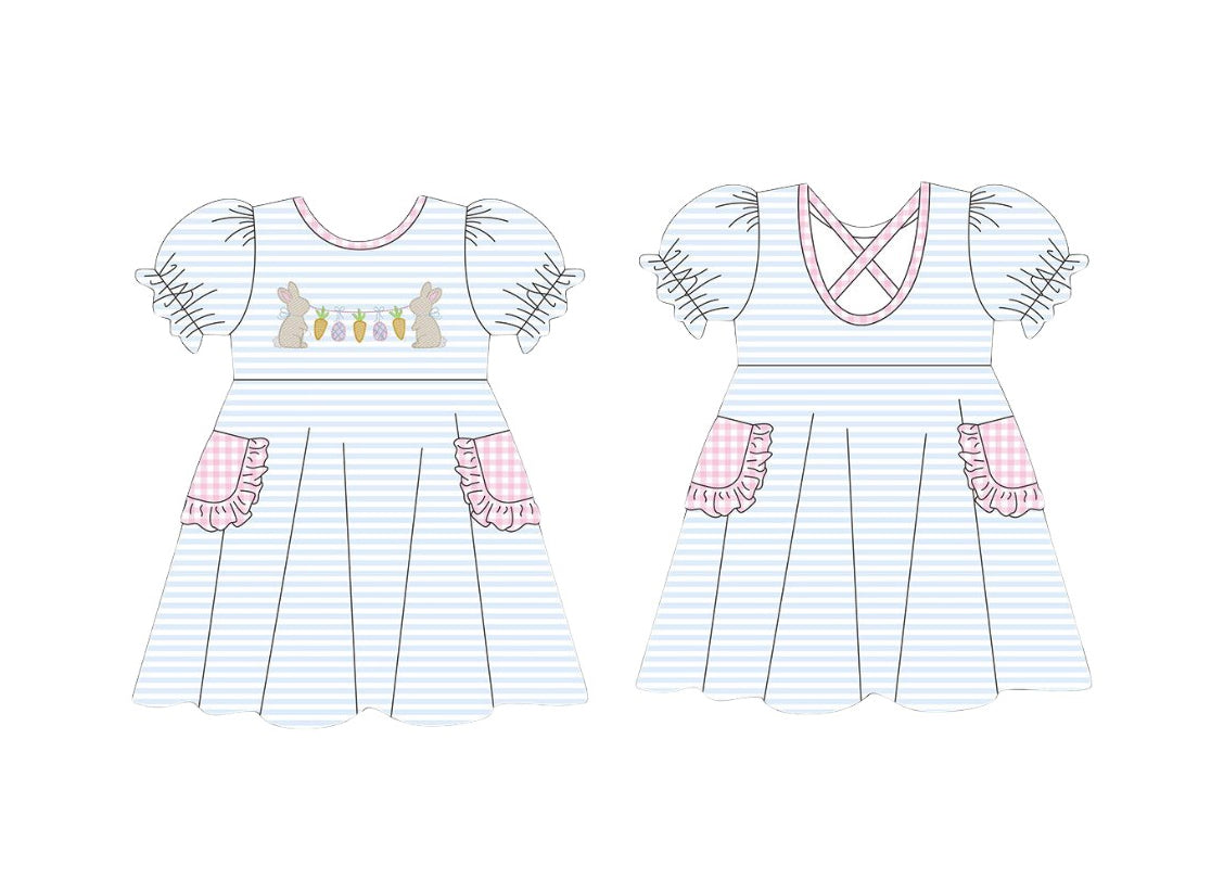 presale GSD2912 Baby Girls Blue Stripe Rabbits Carrots Easter Pockets Knee Length Dresses D 1015