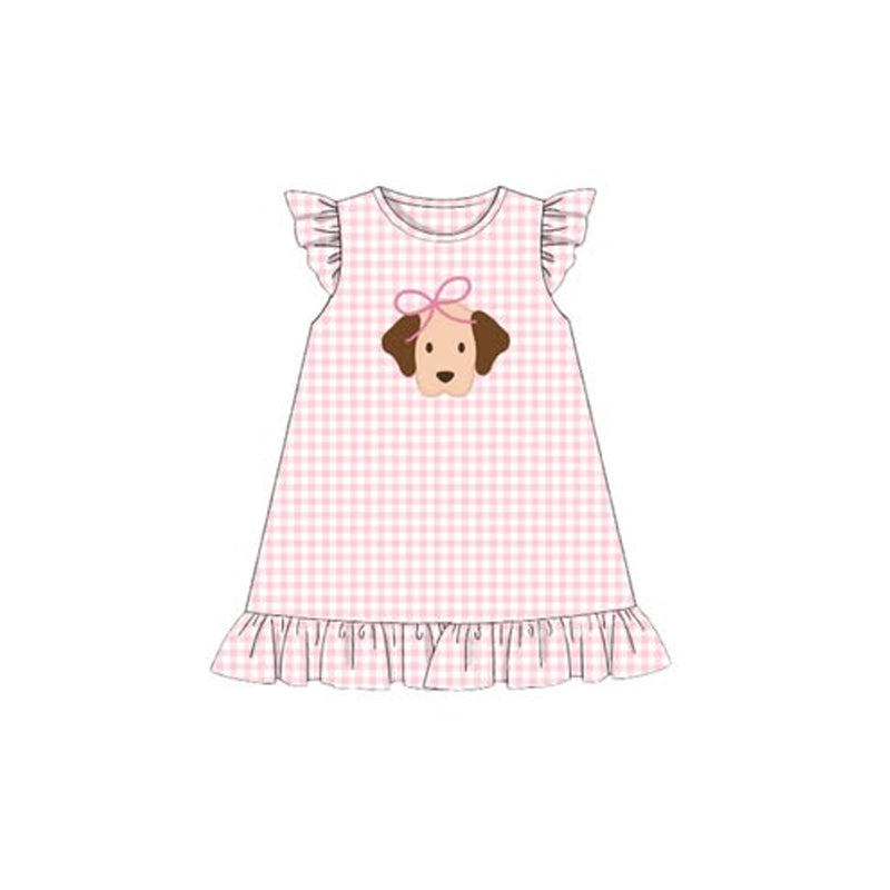 presale GSD2914 Baby Girls Pink Checked Flutter Sleeve Bow Dogs Ruffle Knee Length Dresses D 1015