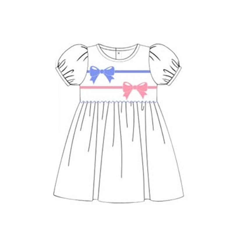 presale GSD2915 Baby Girls Blue Pink Bows Ruffle Sleeve Knee Length Dresses D 1015