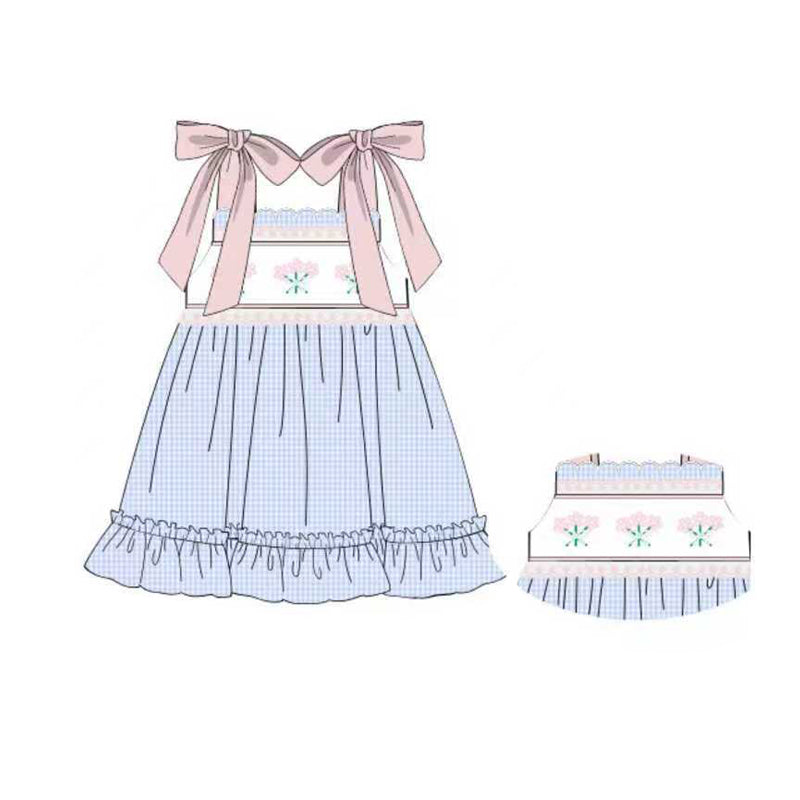 presale GSD2916 Baby Girls Strap Flowers Checked Ruffle Knee Length Dresses D 1015