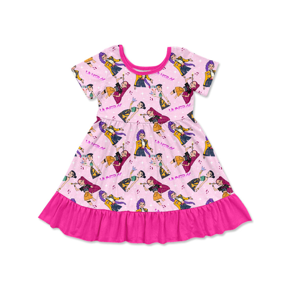 presale GSD2917 Baby Girls Short Sleeve Cartoon Girls Ruffle Knee Length Dresses D 1017