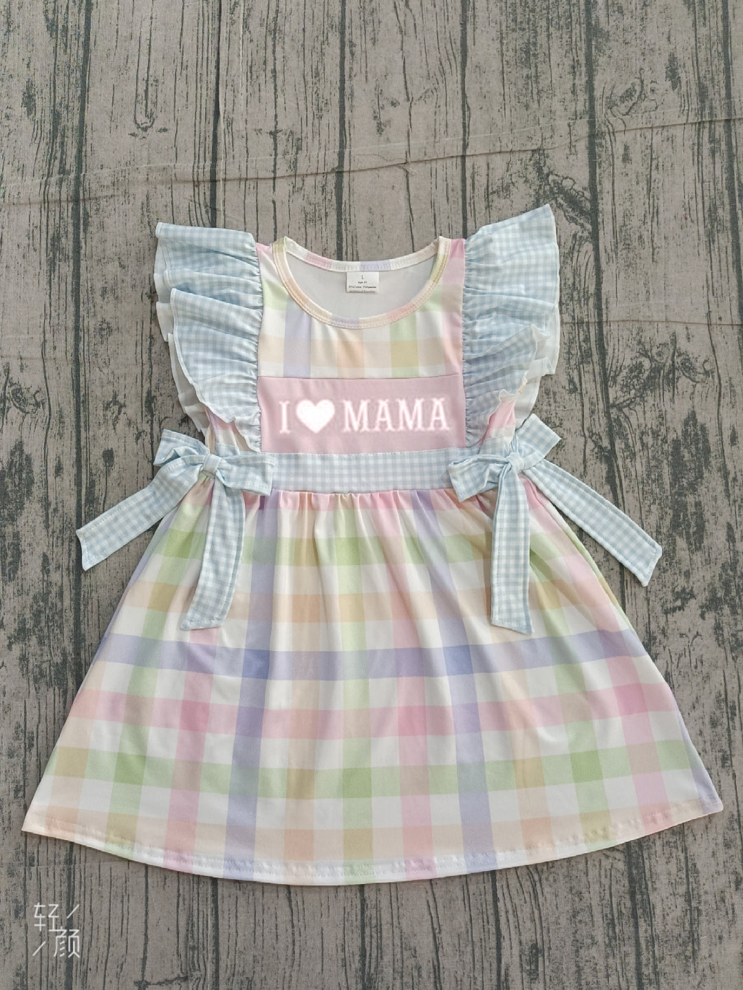 Pre-order Embroidery I Love Mama Baby Girls Colorful Checked Knee Length Dress