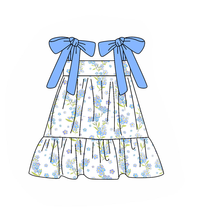 presale GSD2954 Baby Girls Blue Strap Flowers Knee Length Dresses D 1029