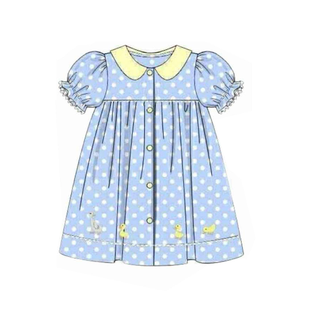 presale GSD2971 Baby Girls Polka Dots Gooses Ducks Button Knee length Dresses D 1104