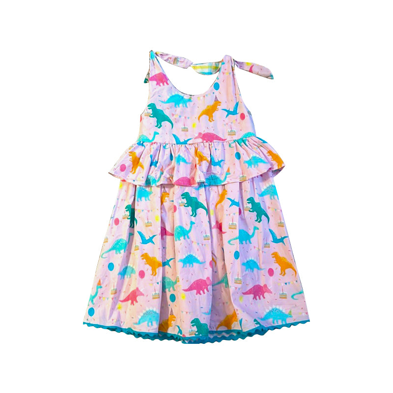 presale GSD3007 Baby Girls Bows Sleeveless Colorful Dinosaurs Ruffle Knee Length Dresses D 1114