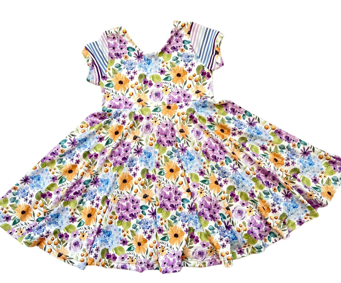 presale GSD3019 Baby Girls Flutter Sleeve Purple Orange Flowers Knee Length Dresses D 1120