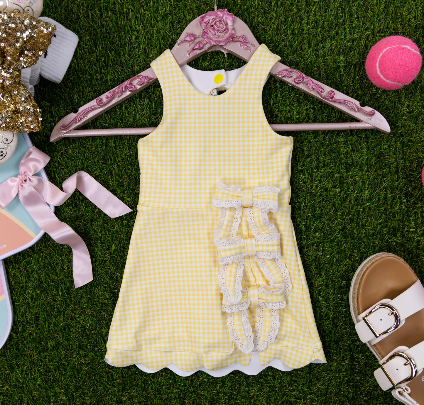 presale GSD3027 Baby Girls Sleeveless Yellow Checked Yoga Shorts Bows Knee Length Dresses D 1125