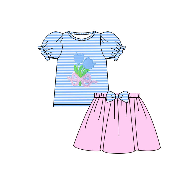 presale GSD3039 Baby Girls Blue Stripe Flowers Bows Top Pink Skirts Clothes Sets D 1125