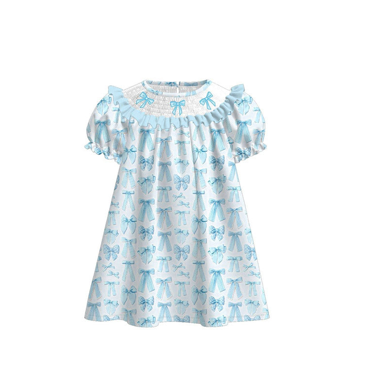 presale GSD3043 Baby Girls Blue Bows Plaid Ruffle Sleeve Knee Length Dresses D 1125