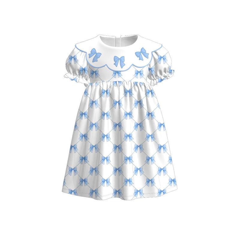 presale GSD3045 Baby Girls Blue Bows Checked Ruffle Sleeve Knee Length Dresses D 1125