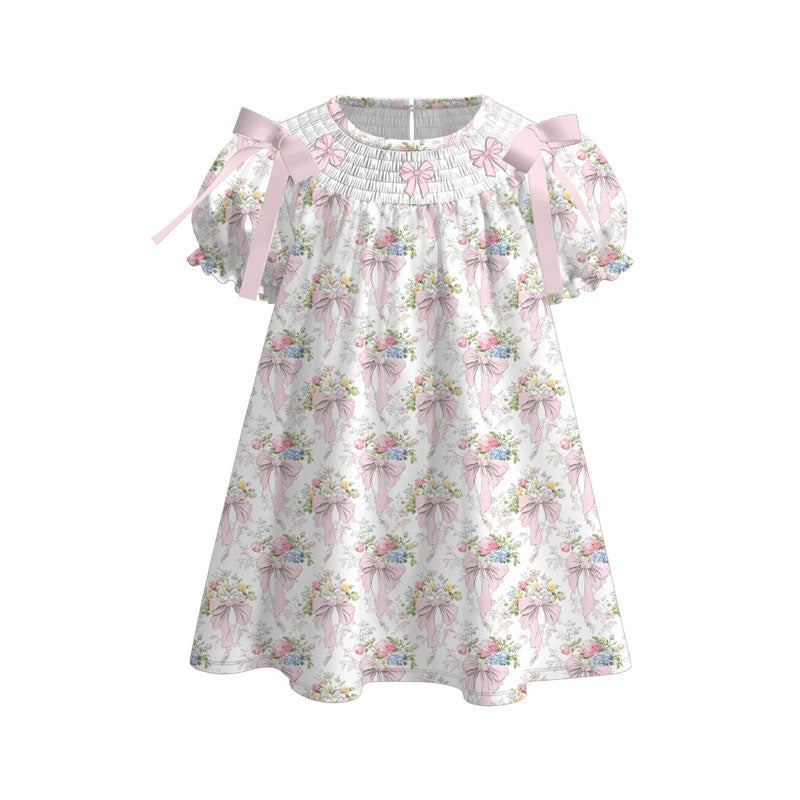 presale GSD3047 Baby Girls Pink Flowers Bows Ruffle Sleeve Knee Length Dresses D 1125