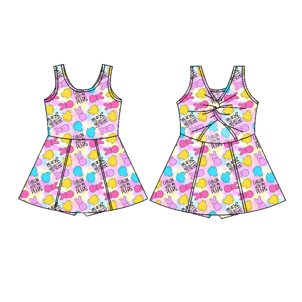 presale GSD3052 Baby Girls Sleeveless Colorful Rabbits Chicks Easter Yoga Shorts Knee Length Dresses D 1129