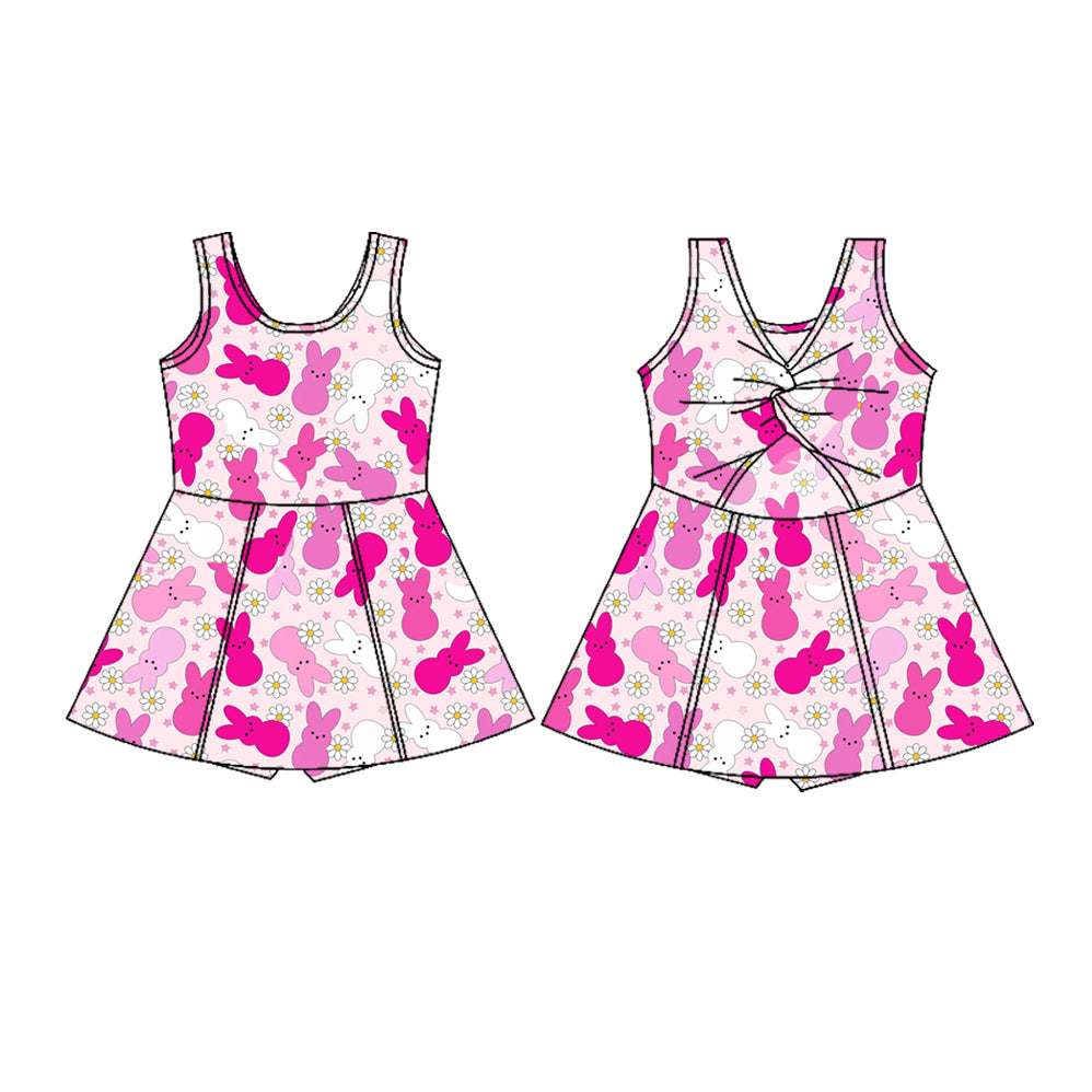 presale GSD3053 Baby Girls Sleeveless Pink Rabbits Daisy Easter Yoga Shorts Knee Length Dresses D 1129