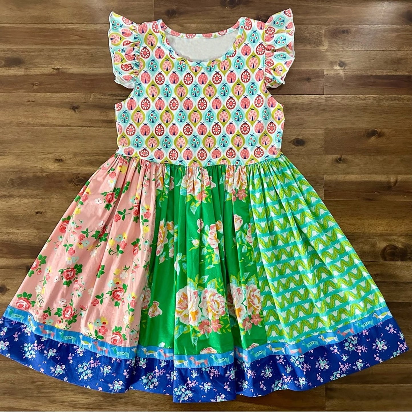 presale GSD3059 Baby Girls Flowers Ladybirds Patchwork Knee Length Dresses D 1129