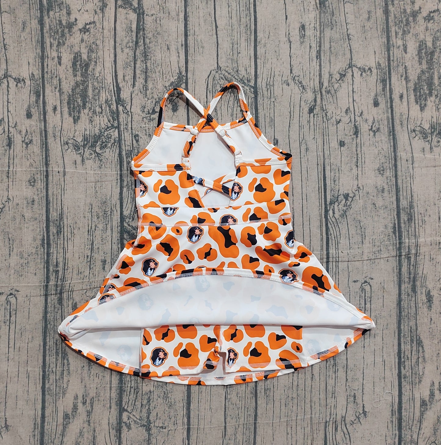 Pre-order Baby Girls Strap Orange Leopard Dogs Team Yoga Active Shorts Knee Length Dress
