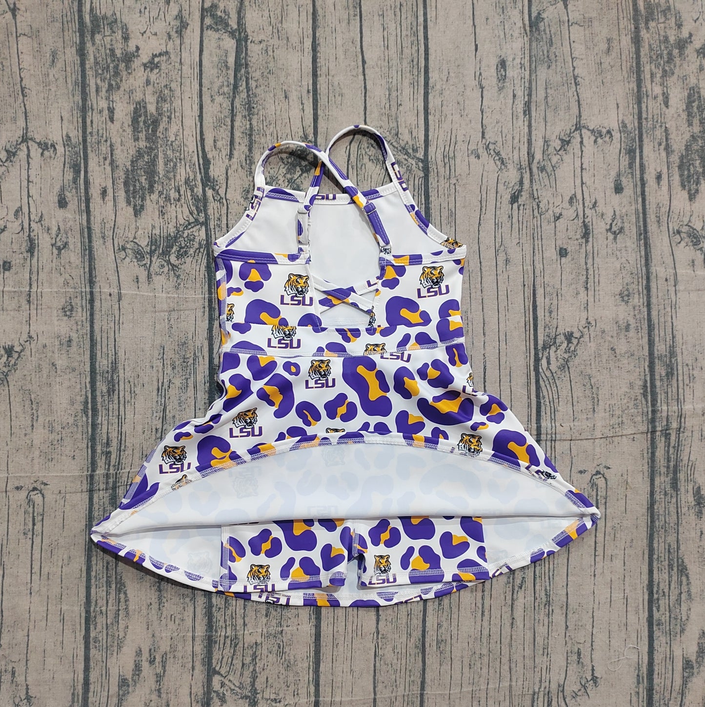 Pre-order Baby Girls Strap Purple Leopard LSU Tigers Team Yoga Active Shorts Knee Length Dress