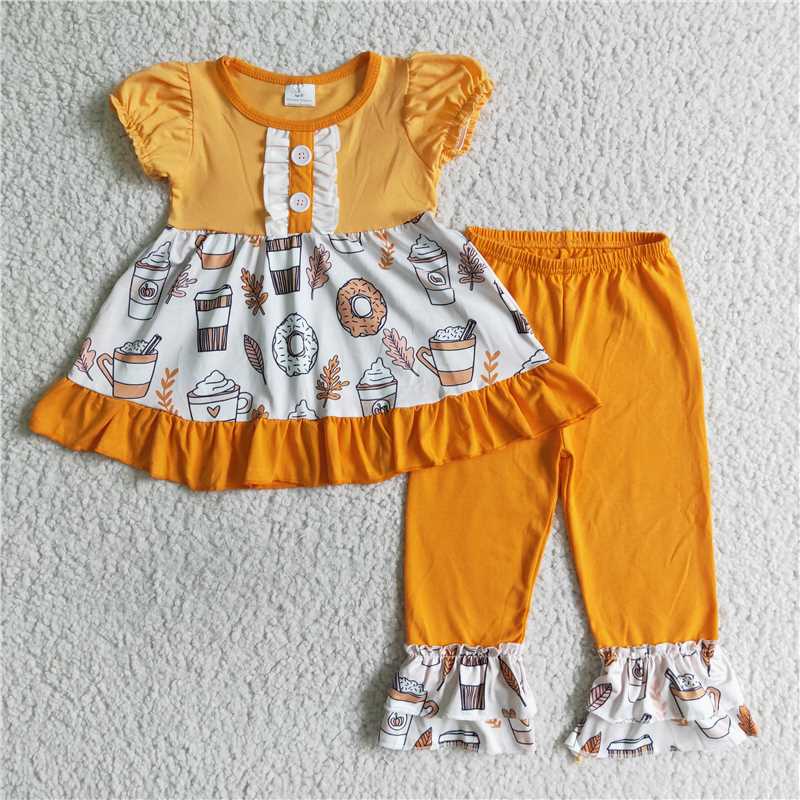GSPO0123 Girls Fall Pumpkin Starbucks Short Sleeve Pants Suit D 828