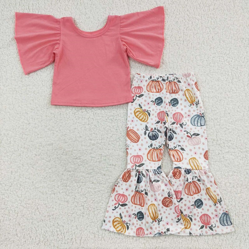 GSPO0670 Solid Color Short Sleeve Top Pumpkin Spotted Pants Set