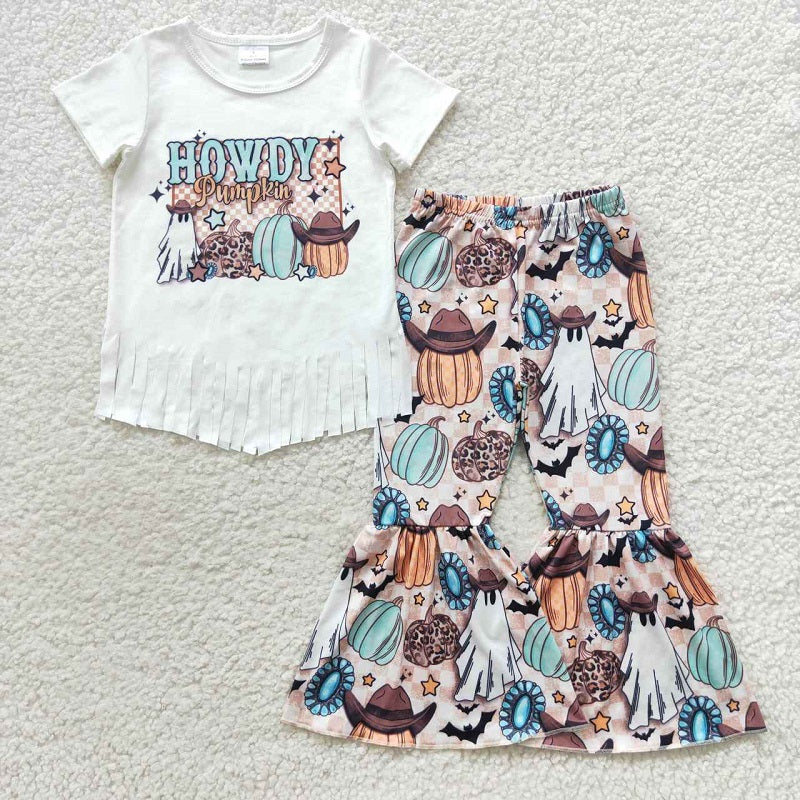 GSPO0803 howdy pumpkin ghost white tassel short sleeve pant suit