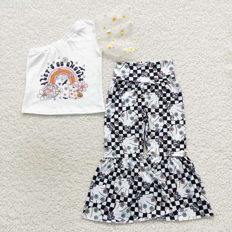 GSPO0820 Rainbow Ghost One Shoulder White Short Sleeve Plaid Pant Set