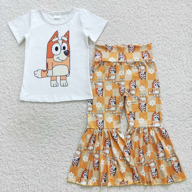 GSPO0860 Cartoon white short-sleeved floral orange plaid trousers suit