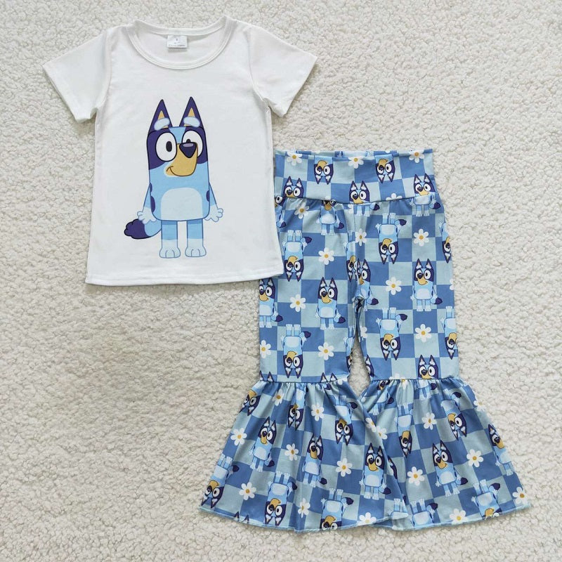 GSPO0861 Cartoon Dog White Short Sleeve Flower Blue Plaid Pants Suit
