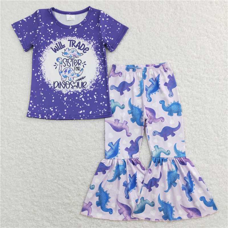 Sibling Baby Girls Purple Dinosaur Dresses Clothes Sets