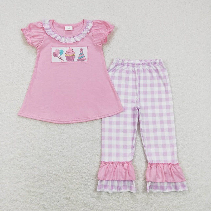 GSPO0960 Embroidery Balloon Cake Birthday Hat Pink Short Sleeve Purple and White Plaid Pants Suit D 4.16
