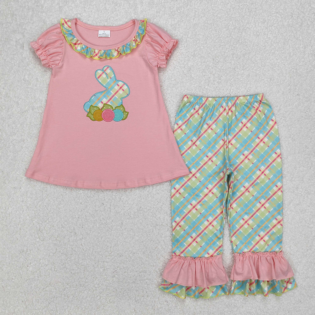 GSPO0974 Baby Girls Easter Pink Rabbit Flowers Tunic Ruffle Pants Clothing Sets D 3.13