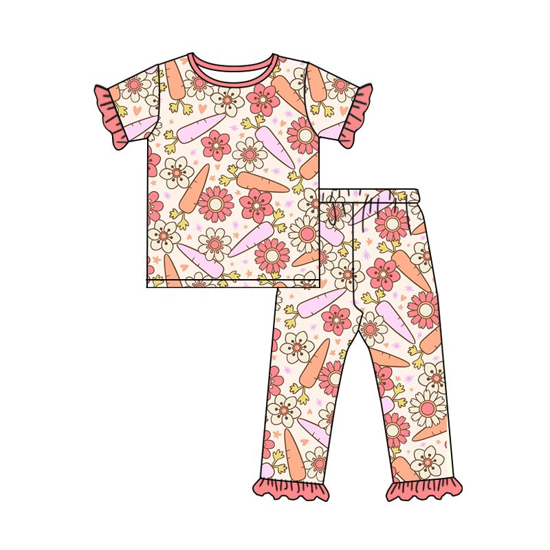 GSPO1017 Flowers, carrots, hearts, brick red lace, beige short-sleeved trousers suit