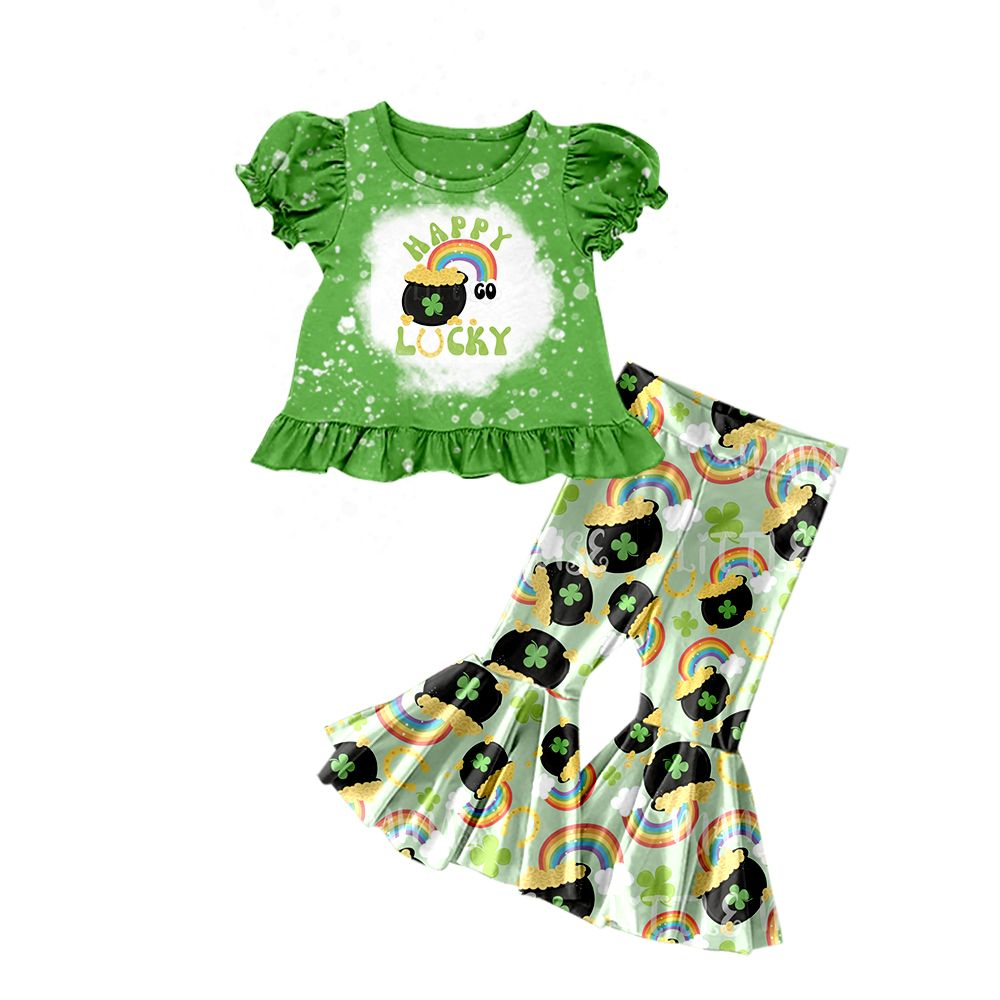 GSPO1046 Four-leaf clover rainbow gold coin green lace short-sleeved trousers suit