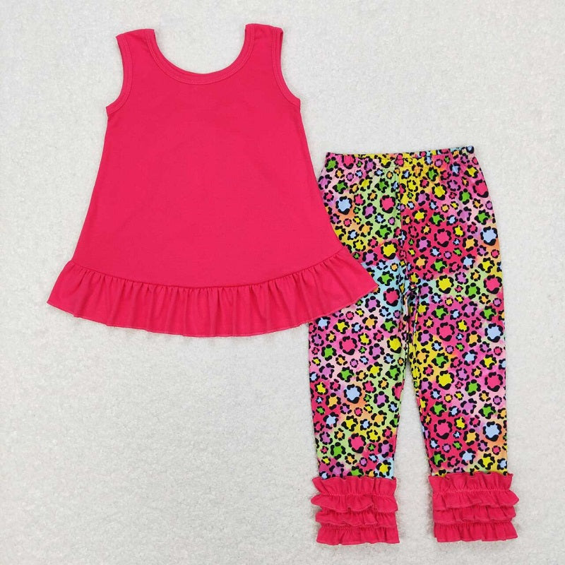 GSPO1097 Bow lace rose red sleeveless colorful leopard print trousers suit