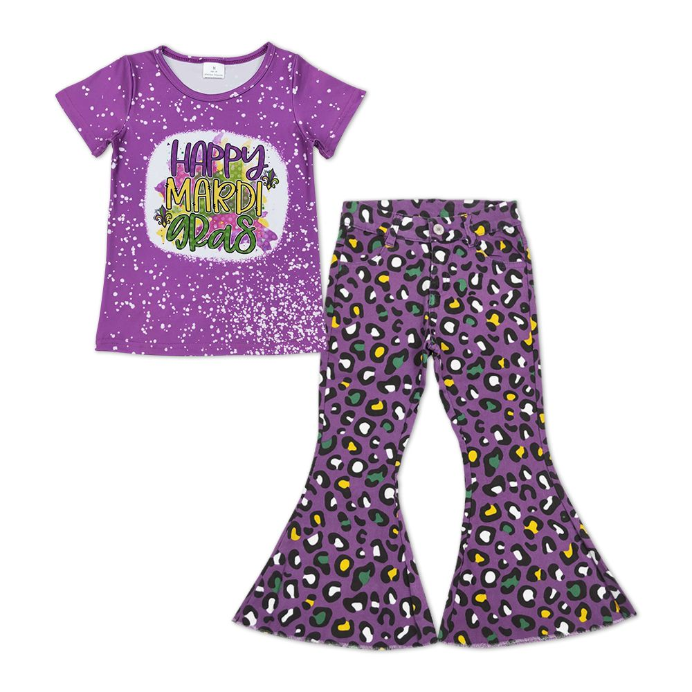 GSPO1250 Purple short-sleeved yellow green leopard print purple denim pants suit