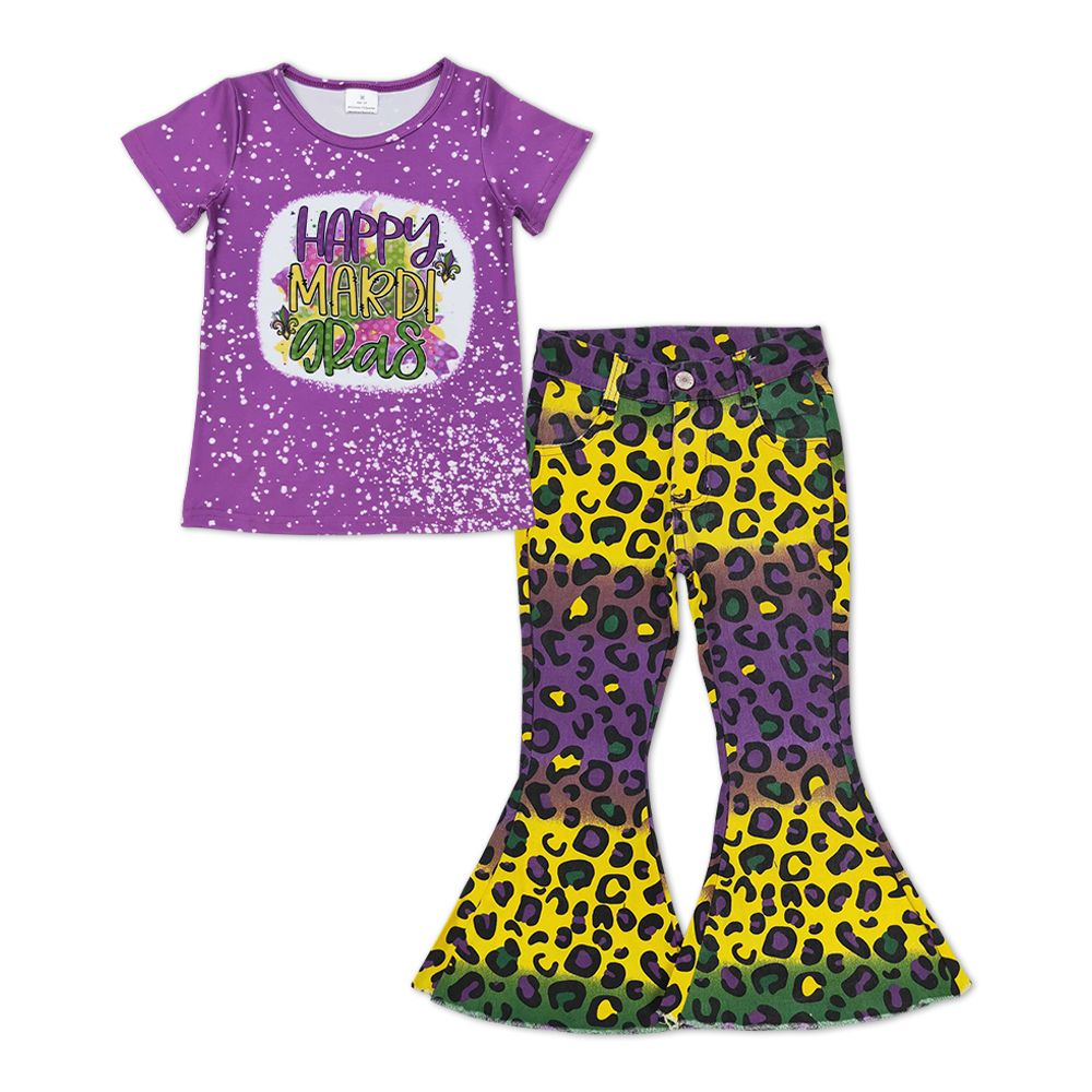 GSPO1251 Purple short-sleeved leopard print yellow green purple denim pants suit