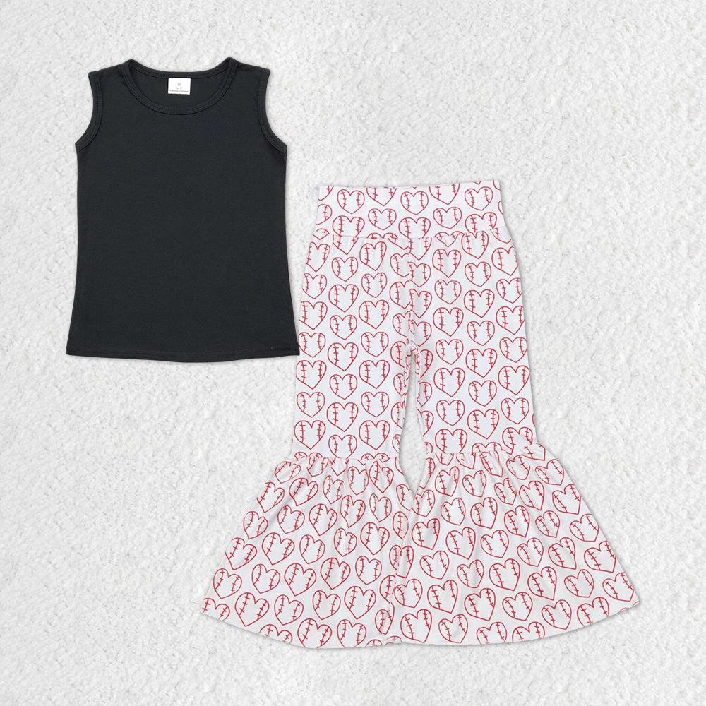 GSPO1302 Pure black sleeveless top with heart pattern and white flared pants set