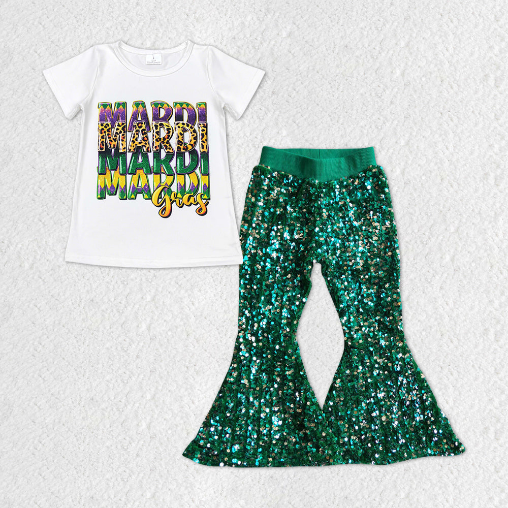 girl 2pcs mardi gras green sequins pants set outfit