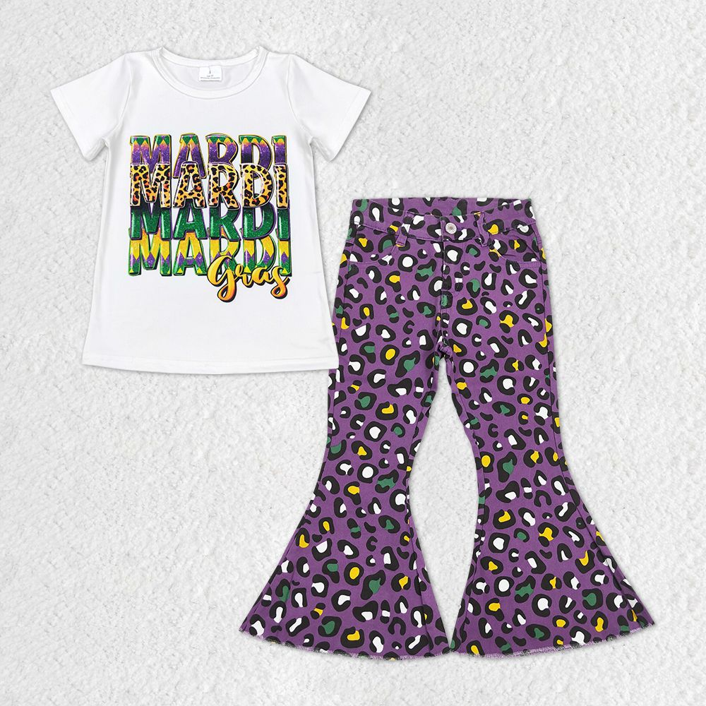 GSPO1329 Baby Girls Mardi Gras Shirt Holiday Purple Leopard Denim Jeans Pants Clothes Sets