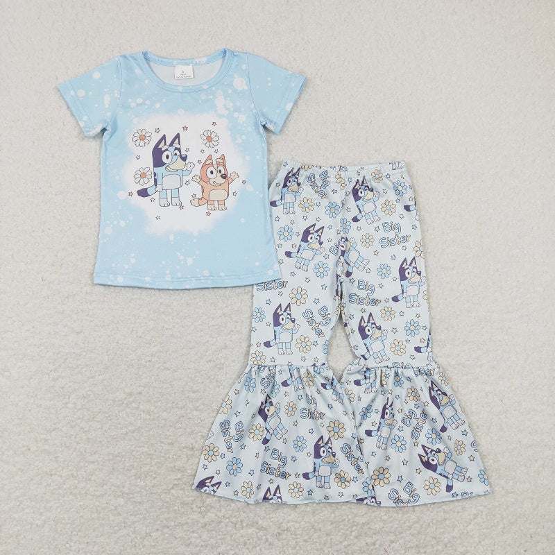 GSPO1336 cartoon dog big sister letter flower blue short-sleeved trousers suit