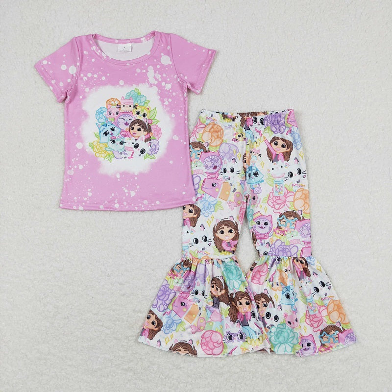 GSPO1372 Cartoon Kitten Rose Pink Short Sleeve Pants Suit