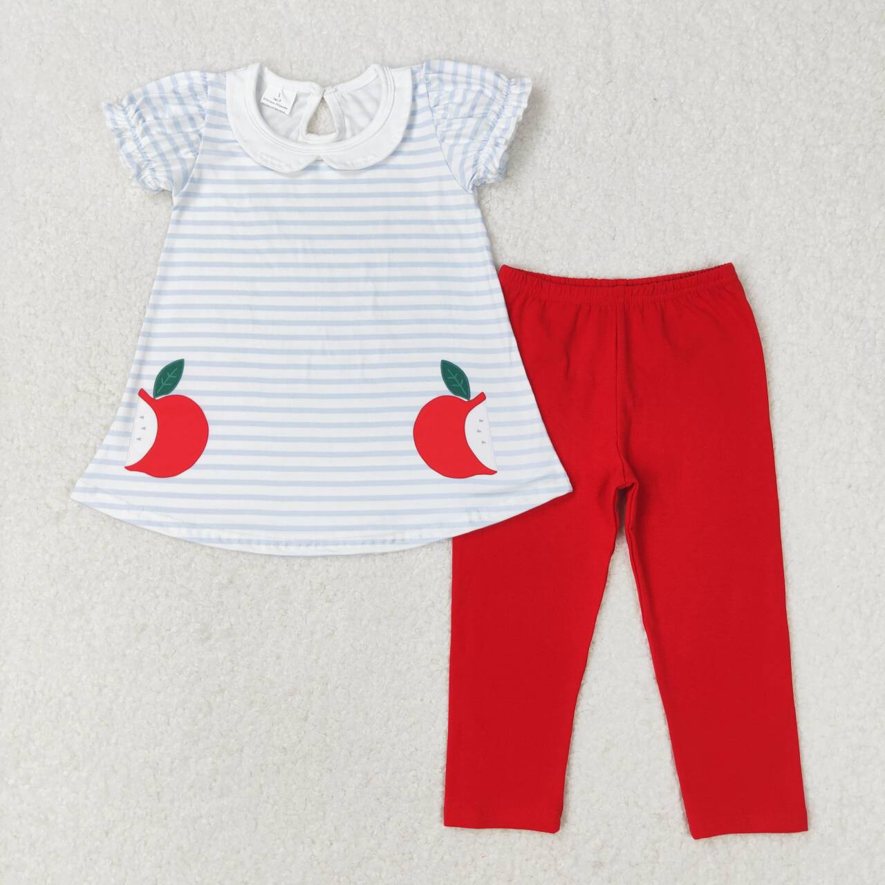 GSPO1446 Apple Stripe Doll Collar Short Sleeve Red Pants Suit D 6.10